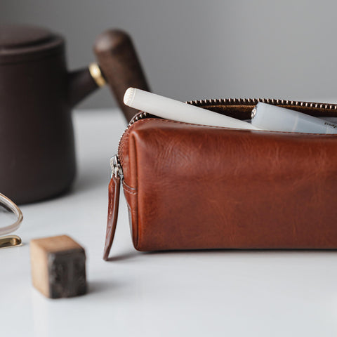 Ealing | Leather Pencil Case in Cognac Brown
