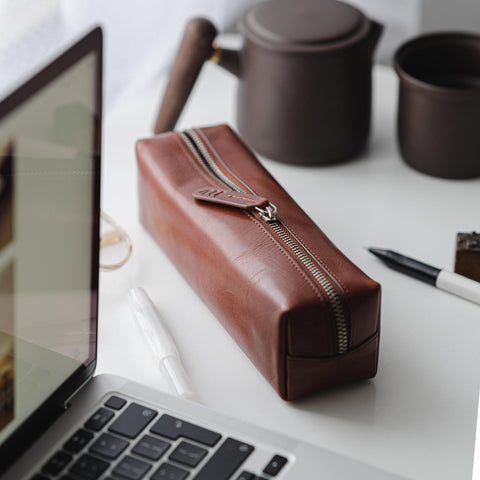 Ealing | Leather Pencil Case in Cognac Brown